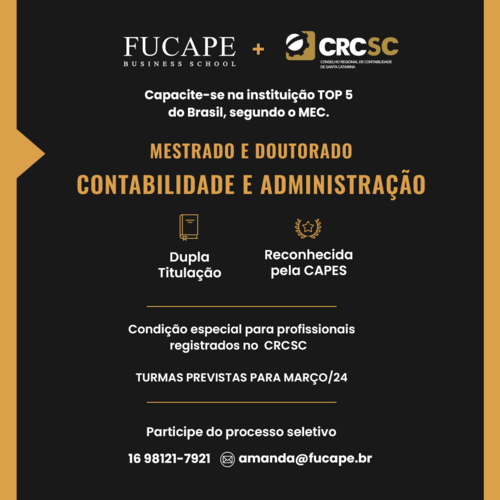 Profissionais da contabilidade registrados no CRCSC têm condição especial em cursos de mestrado e doutorado da FUCAPE